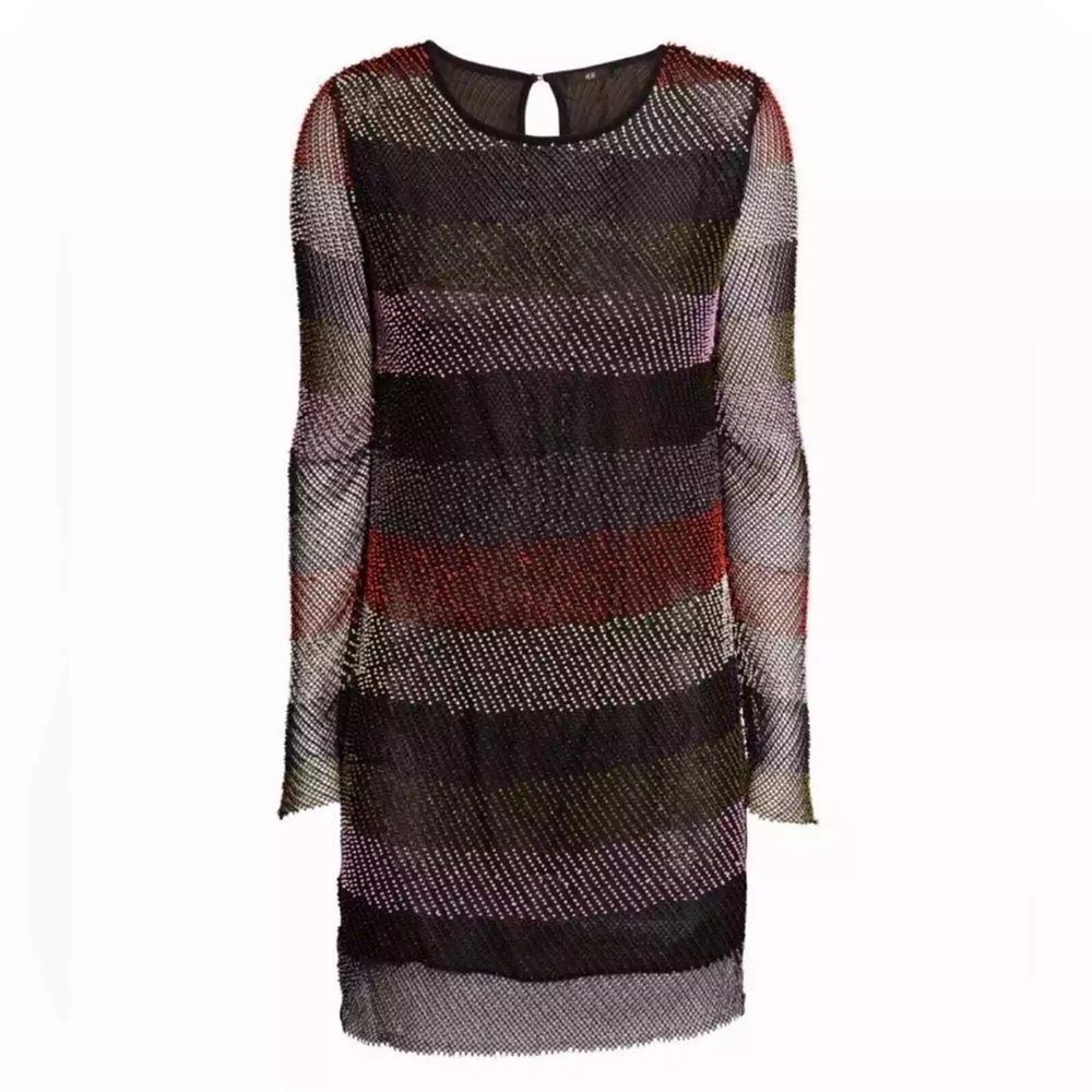 H&M STUDIO Multicolor Beaded Mesh Fishnet Orange Black Striped LS Dress 10